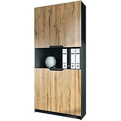 Vladon Armoire de Bureau Rangement Logan V2, Corps en Noir Mat/Façades en Chêne Nature
