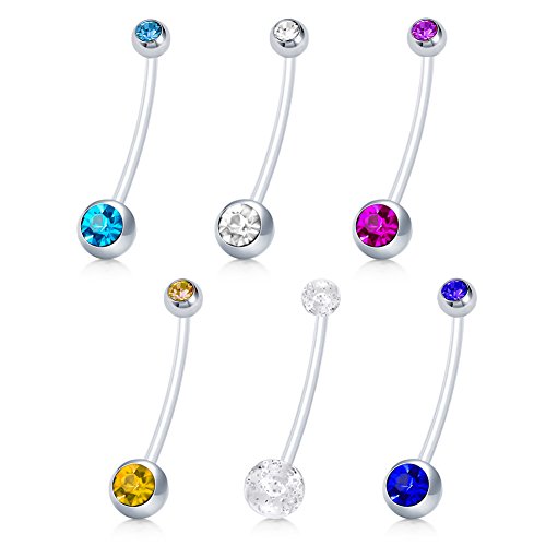 JFORYOU 6 Pcs Maternité Ventre Bouton Anneau Flexible Long Belly Anneaux Brillant Glitter Ball CZ Ball Sports ou Grossesse Barre de Retenue Navel 14G 1.6mm, 1 1/2 Pouces Longueur Piercing Bijoux