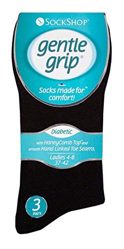 Gentle Grip - 6 PARES DE SEÑORA Diabético Calcetín Con Panal ARRIBA Y MANO UNIDOS Dedo Del Pie Costuras - 4-8GB 37-42 EUR - Negro, 4-8 UK