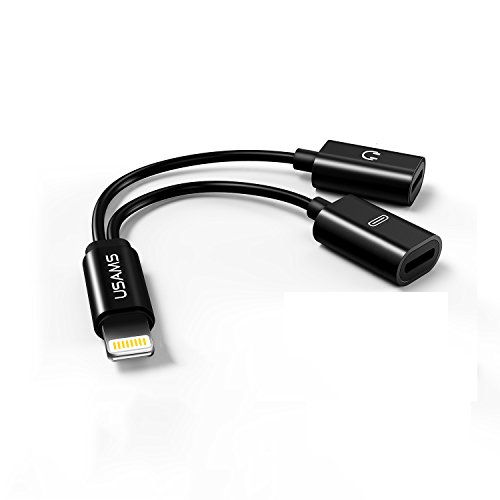 2 in 1 Lightning Adapter Splitter for iPhone X, 8/8 Plus, 7/7 Plus, USAMS Dual Lightning Charger + Audio Cable, Support Music Control, Charger, Sync Data Transfer and Phone Call Function (Black)