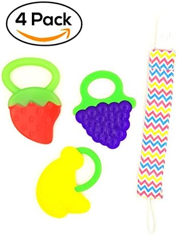 Tippsi Teether for Babies – Set of Teething Rings in Colorful Fruit Shapes with Clip for Attaching to Ease the Pain and pleasure of the Teething Drangs.