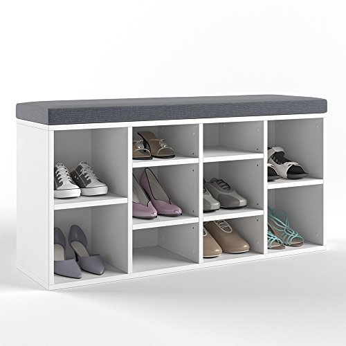Schuhschrank 10 Schuhe Schuhbank Schrank Bank Regal Auflage Sitzbank – Weiß – 104×53,4x30cm (BxHxT) – inkl. Sitzauflage Anthrazit - 4