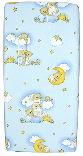 NEW BABY COT SHEET 140x70 120x60 100% COTTON FITTED PRINTED COLOURFUL NURSERY BED (120x60, Teddy Ladder Blue)