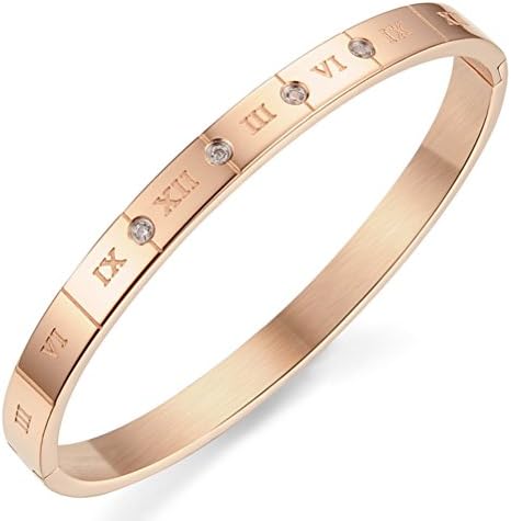 Gorgeous Jewelry Rose Gold Plated Titanium Steel Lovers Roman Numerals Wrap Bracelet with White Zircon