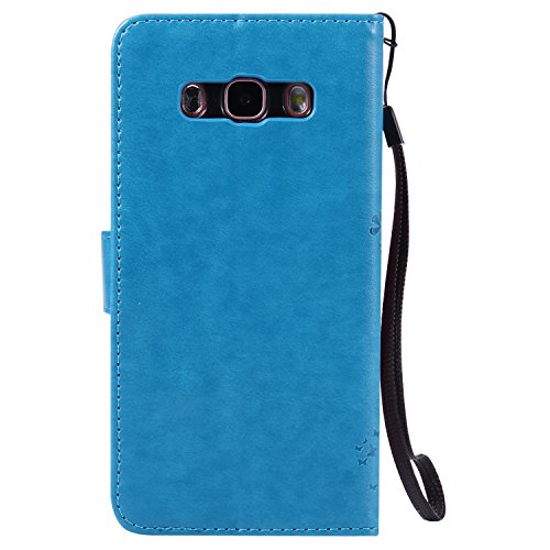 Samsung Galaxy J5 2016 Hülle Blau im Retro Wallet Design,Cozy Hut Samsung Galaxy J5 2016 Hülle Leadertasche Premium Lederhülle Flip Case im Bookstyle Folio Cover Kartenfächer Magnetverschluss und Standfunktion Leder Schale Etui für Samsung Galaxy J5 2016 / SM-J510 5,2 Zoll Handytasche Schutzhülle Katzen und Bäume Muster - blau