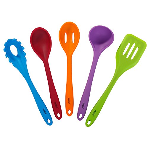 VonShef 5-teiliges Mehrfarbiges Hitzebeständiges Silikon Küchen Kochutensilien-Set mit Kelle, Pfannenwender, Löffel, Spaghettiservierer & Schaumlöffel