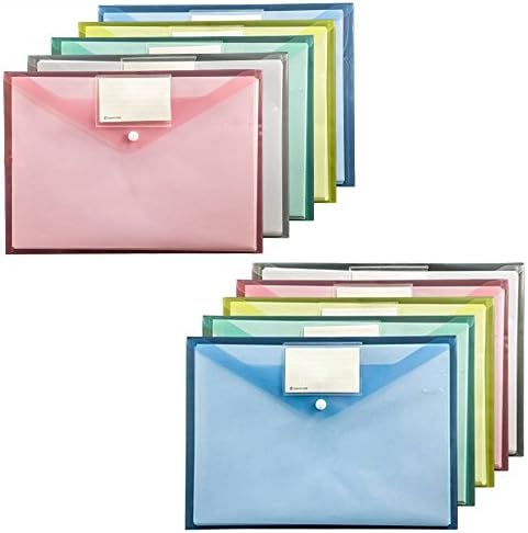 Zip File Folders, Pyhot 10pcs A4 Button Plastic Document File Bags Storage Pouch with Index Name Tags, Pen Holder Hole for Cosmetics Offices Supplies Travel Accessories, 5 Colors