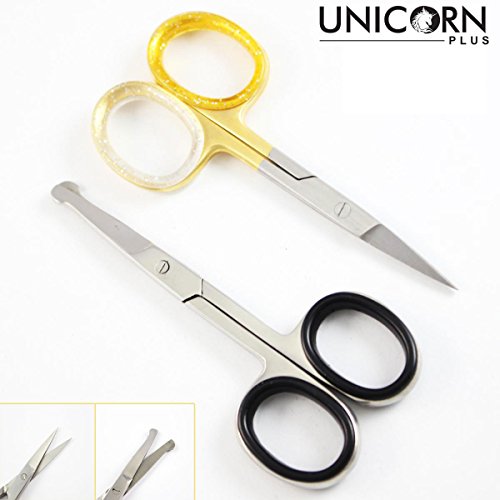 Unicorn Plus Scissors 3.5" Inch Manicare Nail Scissors -Extra Strong Straight Cuticle/Nail Scissors + Tip Rounded Eyebrow Mustache Scissors Nose Hair Scissors Come in PVC Pouch