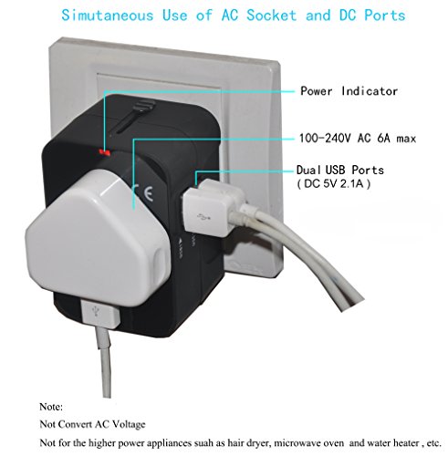 Reiseadapter, weltweit All in One Universal Power Konverter Wand AC Power Plug Adapter Power Plug Wall Ladegerät mit Dual USB-Anschlüsse für USA EU UK Aus Handy Laptop - 3