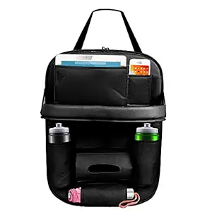 DEVOGUE Car Backseat PU Leather Car Storage Organizer with Foldable Table Tray Car Seat Back Tablet, Mobile, Bottle, Tissue Box and Umbrella Holder (Black)