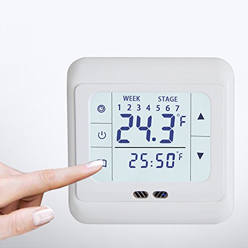 Temperature Controller with LCD Touch Screen with White Backlight Underfloor Heating Digital Programmable Electric Thermostat with Air and Floor Sensor (White)
