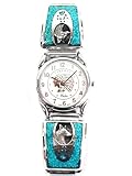 Indianerschmuck Herren Armbanduhr 925 Sterling Silber Türkis Wolf Chip Inlay