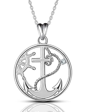 AEONSLOVE Anker Anhänger Kette Damen 925 Sterling Silber Runde Glück Kompass Schmuck, 46CM