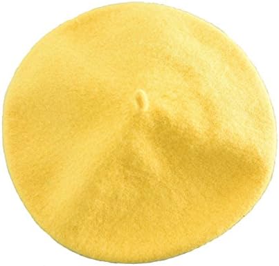 Women French Style Beret Hat Classic Solid Color Wool Artist Cap Beanie - Yellow
