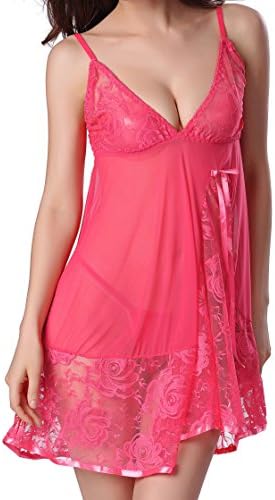 LOVEDATE Women Sexy Lingerie Lace Babydoll Sleepwear Splicing Chemise Nightwear (Large, Lightred)