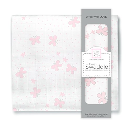 SwaddleDesigns X-Large Muslin Swaddle Blanket, Butterflies (Pastel Pink)