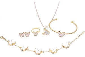 FFWTPY Parure Femme de Bijoux de mariage de Papillon Ensemble de bracelets Bague Collier et Boucles d'oreilles Acier Inoxydable Double Face Pendentif pour Fille Anniversaire Noël Cadeau (Or)