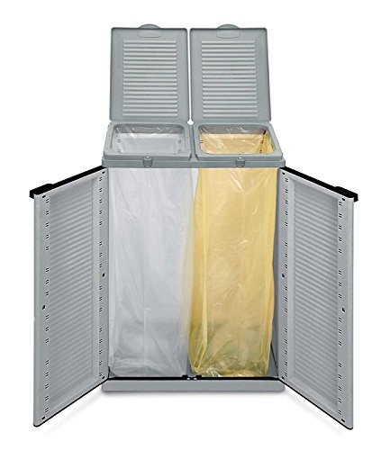 Hier passt viel rein! XXL Gartenschrank mit zwei Halterungen für Müllsäcke und Recycling. Frontseitig und von Oben zu öffnen. In neutralem Grau.