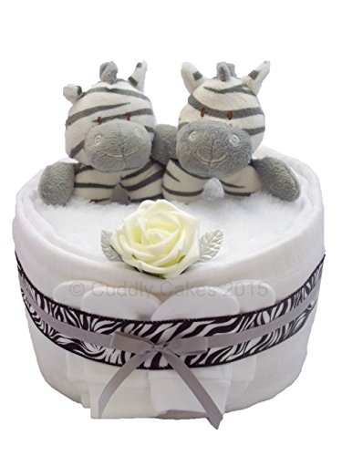 Twin Zebra Neutral Unisex Nappy Cake Baby Gift with FREE UK Delivery