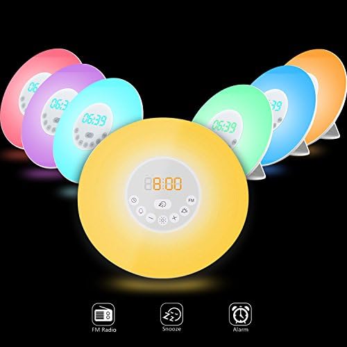 Wake Up Light, Popwinds LED Digital Alarm Clock Lamp with FM Radio Sunrise Simulation Snooze 7 Colors 6 Nature Sounds Touch Control Sunset Simulator Bedside