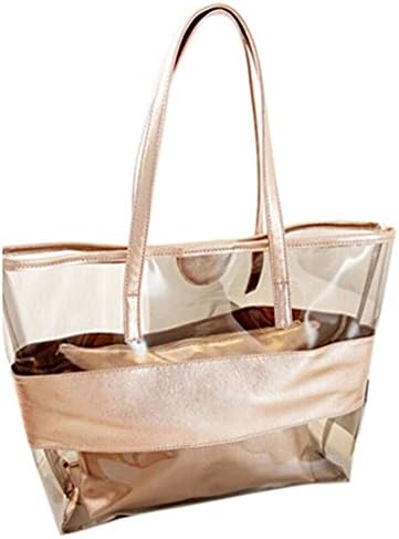 Windwelle Girl Women Semi-clear Transparent Beach Bag PVC Beach Tragetasche Waterproof with Small Cosmetic Bag Handbag (Champagne)