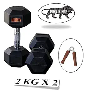 Aurion Rubber Hexa Hex Dumbbells (Pair) Weight Set Solid Dumbbell with Wooden Hand Grip