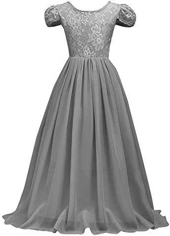 Anyu Girls Lace Dress Chiffon Sleeve Dress Floor Length Dress Wedding Bridesmaid Flower Girl Long Dress Gray 150