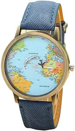 Hmeng Women Man's Stylish Global Travel By Plane Map Denim Fabric Band Women Dress Quart Watch Wristwatch (Blue)