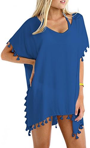 GDKEY Women Chiffon Tassel Swimsuit Bikini Stylish Beach Cover up (Size A-EU, Dark Blue)