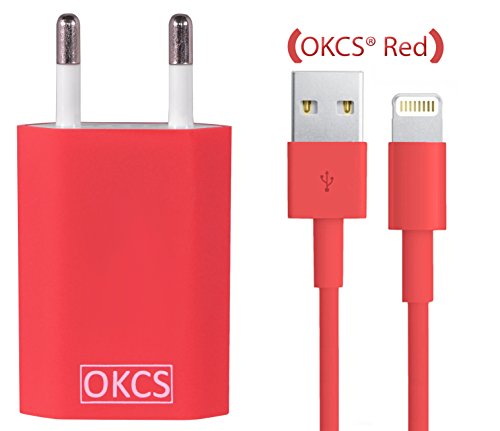 OKCS® Red Schnell und Sicher 1 Meter Lightning Ladekabel zu USB Kabel 8 Pin + USB Netzteil 1A Stecker Adapter für iPhone 6 S Plus / 6 S / 5s / 5c / 5, iPad Air / 2 mini / 2 / 3, iPad 4th generation, iPod touch 5th generation, und iPod nano 7th generation - in Rot