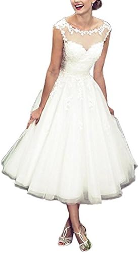 XUYUDITA Simple Tea Length Short Scoop Neck Appliques Wedding Dresses Tulle Bridal Gown