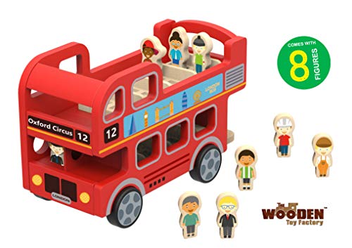 The Wooden Toy Factory - Autobús de Juguete para Niños - Bus Rojo Londinense de Doble Piso - Incluye 8 Figuras - No Requiere Montaje