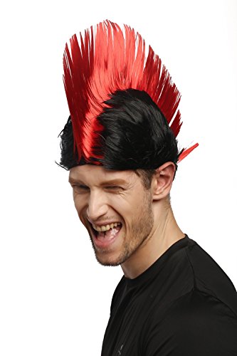 WIG ME UP ® - XR-012-P103/PC13 Peluca Carnaval Halloween Wave Punk roquero Cresta Mohawk 80s Negro Rojo
