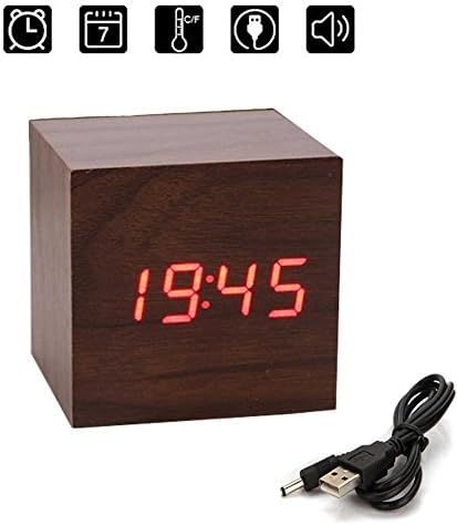 Wood Wooden Cube Digital LED Light Desk Travel Mute Alarm Clock USB/AAA Timer Temperature Snooze Voice Sound Control Calendar (Brown wood red Light)