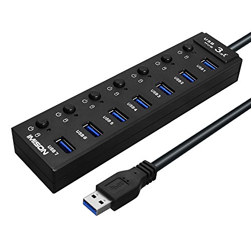 USB 3.0 Hub 7 port IMISON Extra Slim LED Kontrolllampe with On/off Switch High-speed Data Transfer USB Hub mit Ladeports 3.51.35 Power Jack [BC 1.2] [Black]