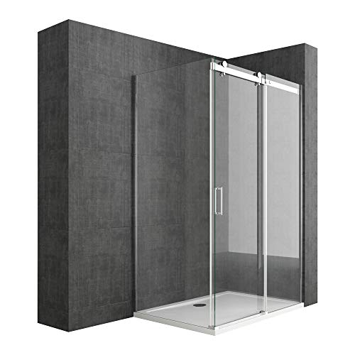 Duschabtrennung Ravenna17 8mm ESG in Klarglas & Duschtasse L-Form mit Schiebetür 100x120cm NANO Duschwand
