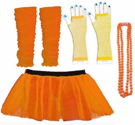 Four Peice Adult Neon Orange Tutu Set 8-14 Tutu Legwarmers Fishnet Gloves Beads 80s Fancy Dress Costume (RB Fashion Clothing)