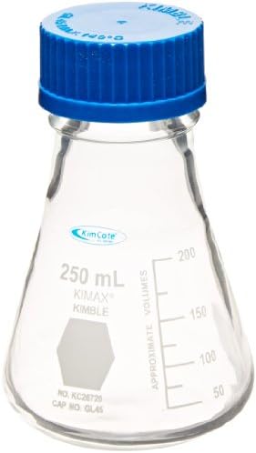 Kontes KC26720-250 Borosilicate Glass Erlenmeyer Flask with GL45 Screw Cap, Plastic Safety Coating, 250mL Capacity (Case of 6)