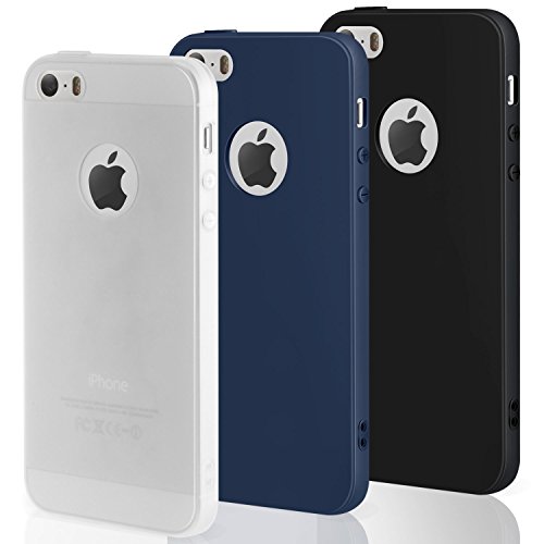3 PCS × Coque iPhone SE / 5 / 5S Étui Silicone , Leathlux [Ultra Mince] Souple TPU Housse Protection Doux Gel Skin Coque pour Apple iPhone 5S / SE / 5 Noir, Bleu foncé, Blanc