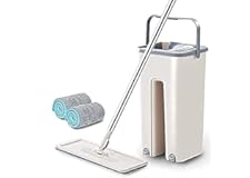 LYSOL Heavy Quality Floor Mop with Bucket, Flat Squeeze Cleaning Supplies 360° Flexible Mop Head/2 Reusable Pads Clean Home F