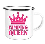 Henkel und Innenseite farbig crealuxe Emailtasse mit Rand Camping Queen - Kaffeetasse mit Motiv, Bedruckte Email-Tasse mit Sprüchen Oder Bildern