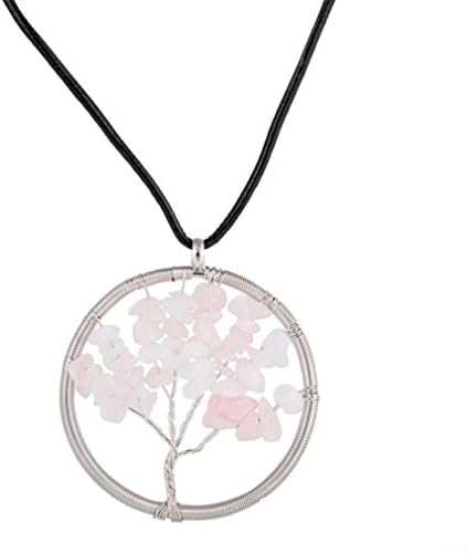 Keyuefa Necklace Pendants,Natural Gemstone 4 Chakra Healing Tree Pendant Necklace Charming Handmade Gifts (Pink)