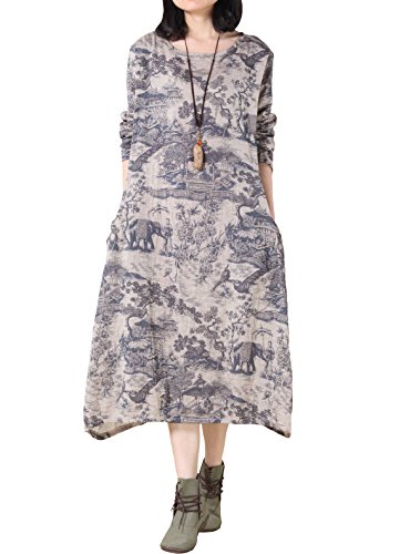 Voguees Women's Cotton Linen Printing Dress Robe with Pockets Blue