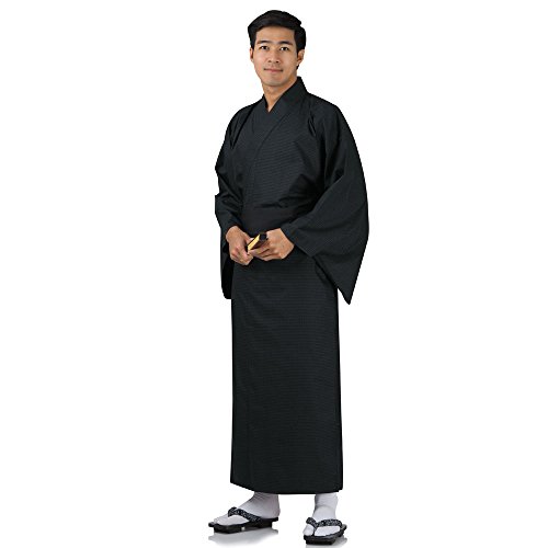 Japanischer Herren Yukata Kimono Baumwolle One Size M L XL Schwarz - 2