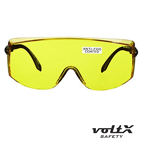 voltX ‚OVERSPECS‘ Gewerbliche Schutzbrille für Brillenträger im Industriewesen mit Schutzhülle – CE EN166f zertifiziert (gelb Scheibe) – individuell anpassbarer Bügel – beschlagfrei, kratzfest, UV380 Schutz – Safety Overglasses - 5