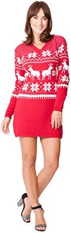 New Camp Ltd Ladies Womens Novelty Christmas Xmas Knitted Tunic Retro Reindeer Fairisle Dress Jumper Sweater V-Neck Reindeer Red Christmas Xmas 2017 Exclusively Sizes 6 To 26