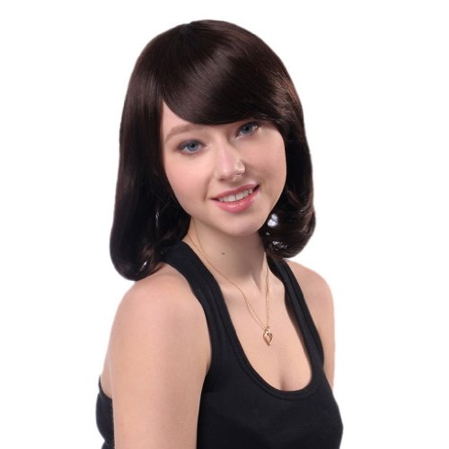 Bigood 42cm Inclined bang human short curly hair Chestnut brown wig 42cm
