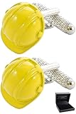 Dimensiones: 20mm x 15mm. COLLAR AND CUFFS LONDON - Gemelos Caja DE Regalo - Casco de Seguridad - Latón - Color Amarillo - Ingeniero DIY Constructor Bricolaje Construcción Supervisor Industrial