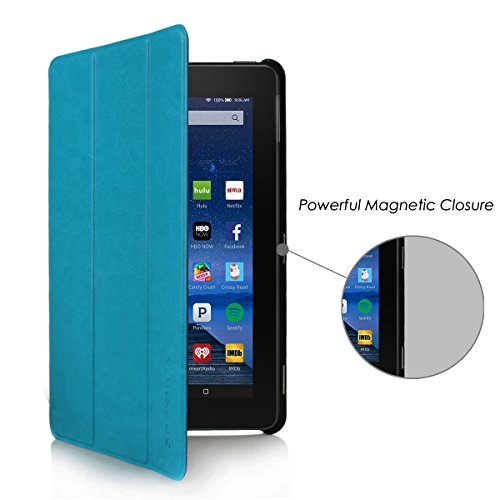 2015 New Fire 7“ Hülle Fall Tasche -SOONHUA Premium-Leder-Folio-Standplatz-Fall-Schlag-Abdeckung für Amazon New Fire 7 “ Tablet (7-Zoll-Tablet, 5. Generation – 2015 Modell) (Blue) - 2
