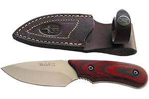 Muela Cuchillo Ibex IBEX-8.OL hoja de acero MoVa de 8 cm y empuñadura de madera coral para Caza, Pesca, Supervivencia y Bushcraft Realizado en Ciudad Real + Portabotellas de regalo